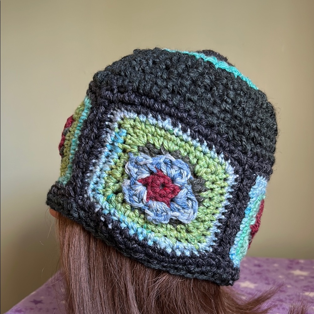 Colorful Crochet Granny Square Beanie medium soft wool yarn